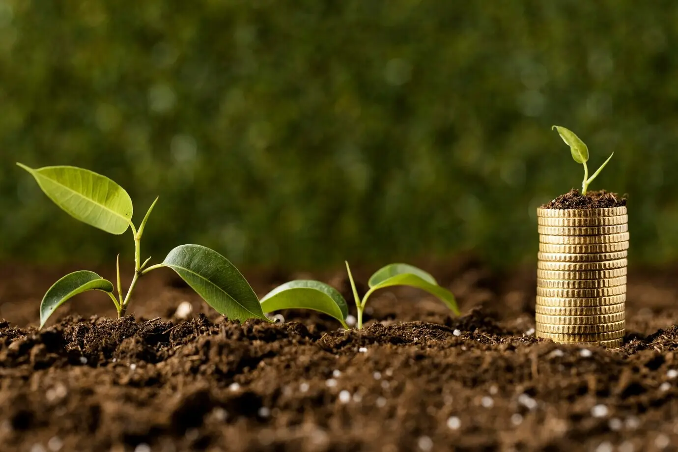 Frontal view of plants with stacks of coins on dirt.